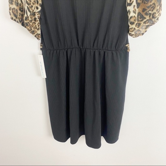 My Michelle Girls Black Ribbed Leopard Print Short Puff Sleeve Dress Sz 14 NEW - Picture 6 of 9